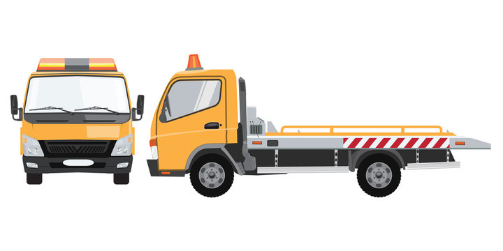 Yellow tow truck with front and side view. Flat vector with solid color design.