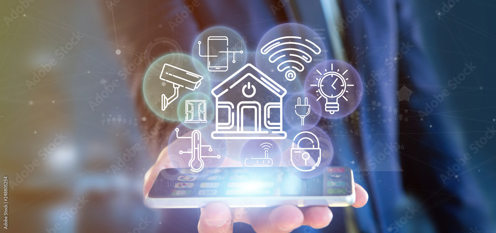 Poster businessman holding smart home interface with icon, stats and data 3d rendering