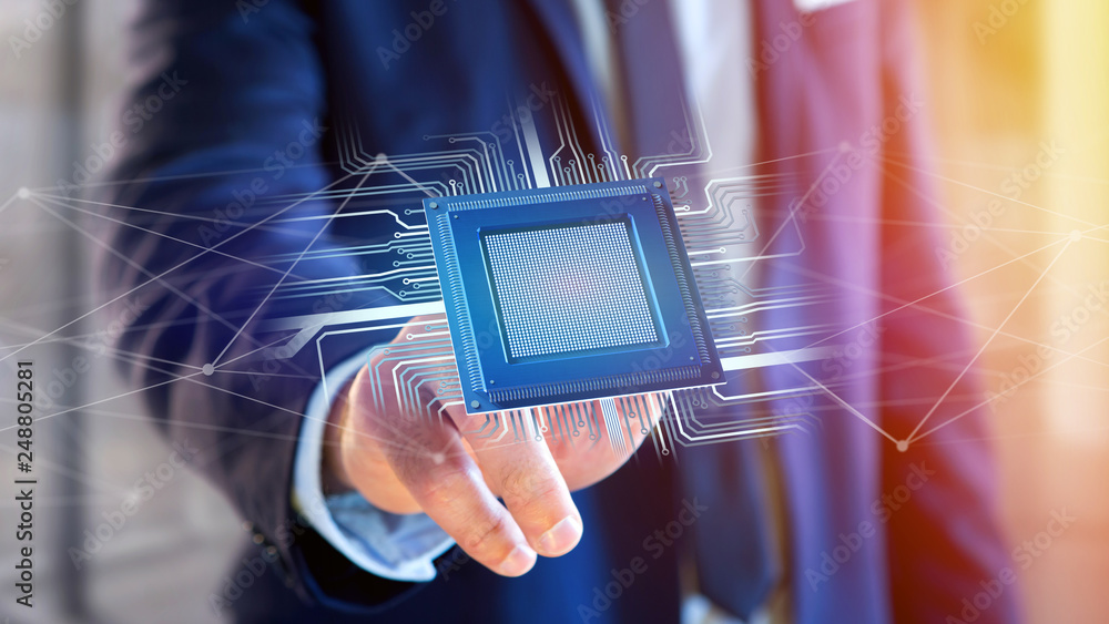 Poster processor chip and network connection - 3d render