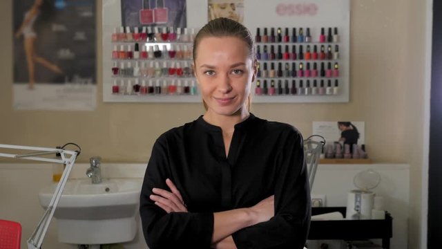 successful confidence gorgeous female salon business owner staying, happy smiling businesswoman beauty salon in front of camera manicure professional