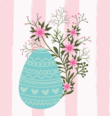 happy easter card with egg painted and flowers