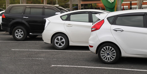 Closeup of back or rear side of white car and other cars parking in parking area in twilight evening. 