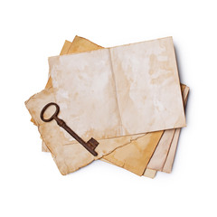 Mock up of empty old vintage yellowed paper sheet and rust key