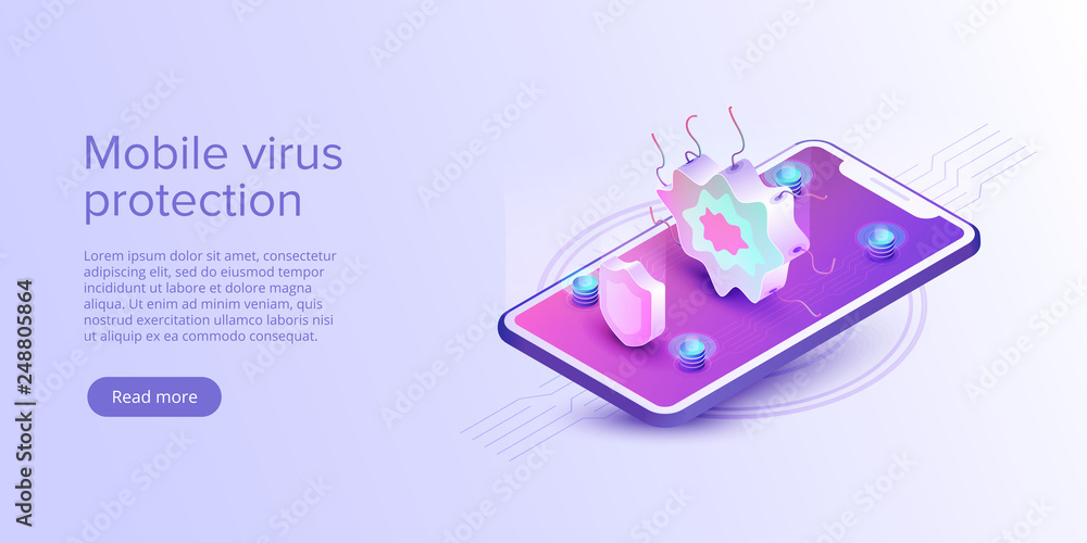 Poster mobile phone virus protection concept in flat vector illustration. online security app or smartphone