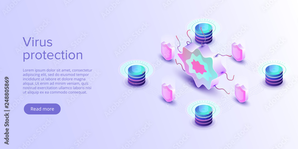 Poster computer virus protection concept in isometric vector illustration. online security app or server an
