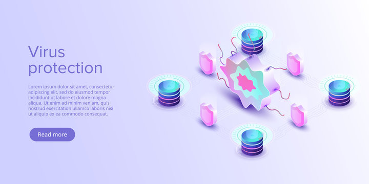 Computer Virus Protection Concept In Isometric Vector Illustration. Online Security App Or Server Antivirus Program. Internet Safety Background Or Firewall Service. Web Banner Layout Template.