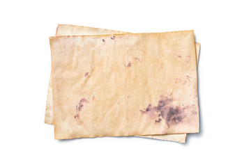 Mock up of empty old vintage yellowed paper sheets with ink stains