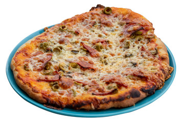 Homemade pizza with salami and green olives