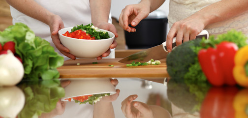 Closeup of human hands cooking in kitchen. Mother and daughter or two female friends cutting vegetables for fresh salad. Friendship, family dinner and lifestyle concepts