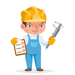 Worker professional measuring tool tablet for records in hand builder engeneer cartoon character design vector illustration