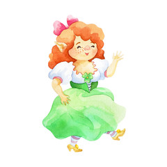 Patrick’s day watercolor illustration. Hand drawn dancing leprechaun girl.