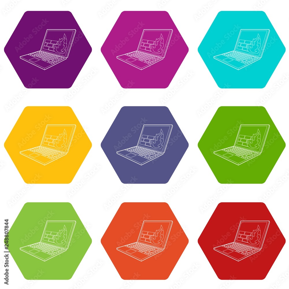 Poster firewall on the laptop monitor icons 9 set coloful isolated on white for web