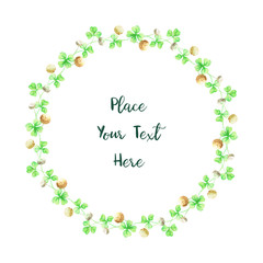 Hand drawn clover wreath on a white background. Watercolor painting. Patrick’s day illustration.