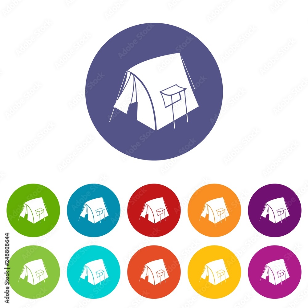 Poster retro tent icons color set vector for any web design on white background