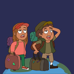couple of pop-eyed tourists with  luggage vector cartoon
