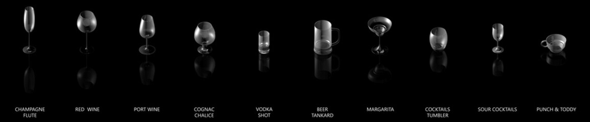 3D illustration of huge collection of different glasses for strong alcohol drinks and cocktails isolated on black, side-top view with reflection - drinking glass render