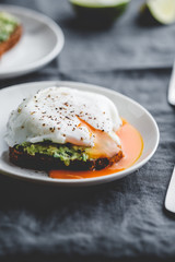 Avocado sandwich with rye bread and a poached egg on a plate. The concept of healthy balanced breakfast.