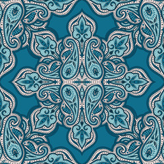 Indian paisley pattern vector seamless. Floral mandala medallion motif. Boho ethnic ornament print. Damask design for woman scarf, curtain textile, wallpaper, carpet, blanket.