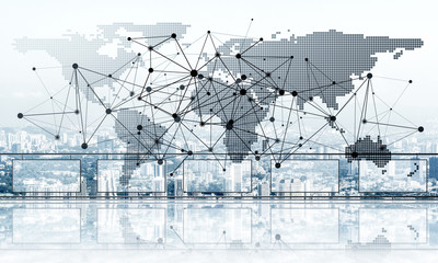 Concept of global communication and networking with world map over cityscape