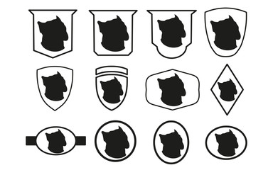 A set of emblems with a dog. Black silhouette of dog head. Cane Corso. Vector illustration.