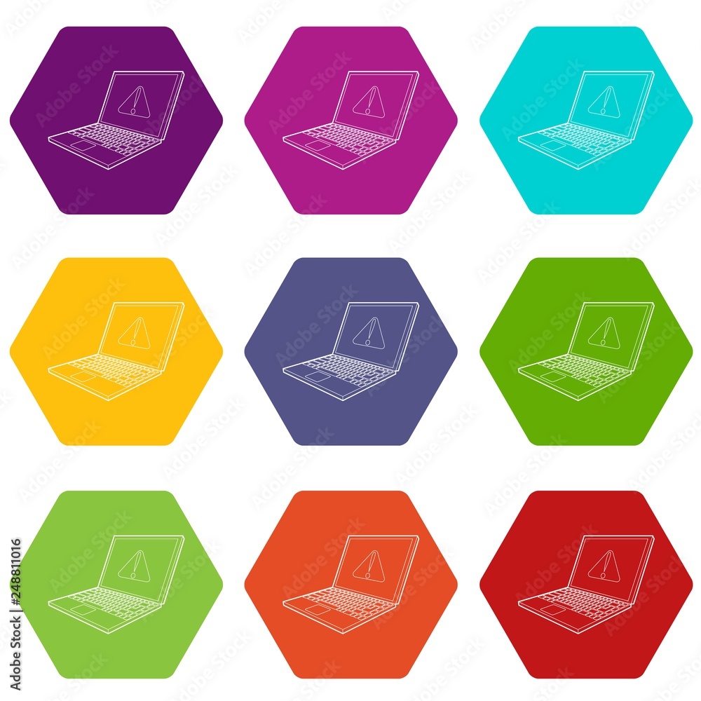 Poster laptop with a warning signal icons 9 set coloful isolated on white for web