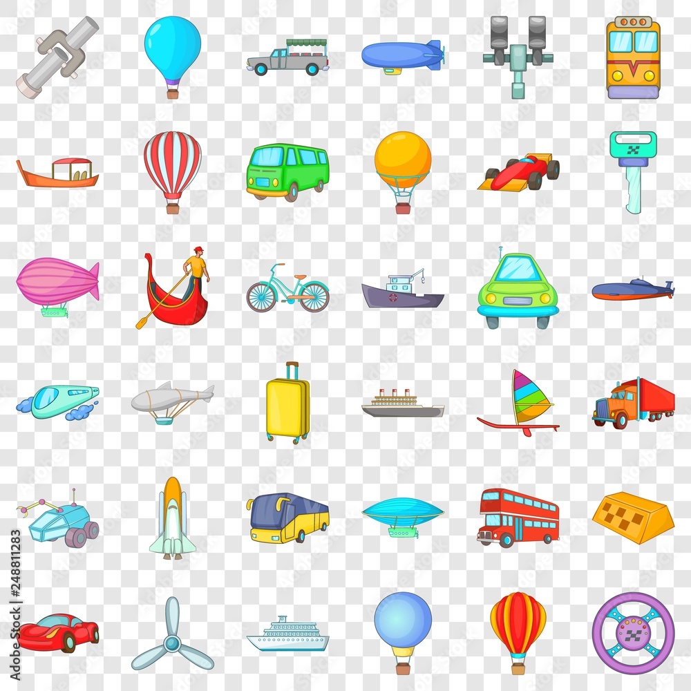 Poster moving transport icons set. cartoon style of 36 moving transport vector icons for web for any design