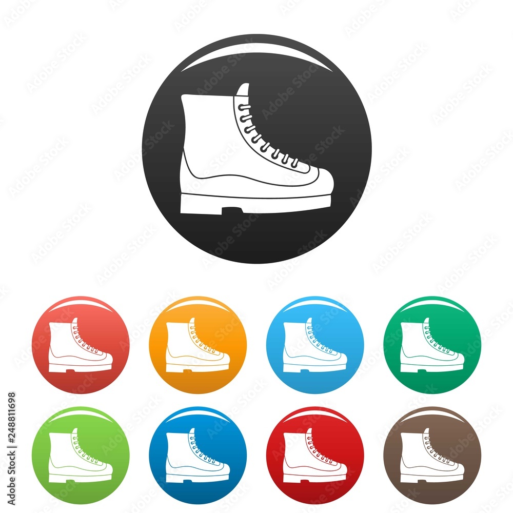Poster boots icons set 9 color vector isolated on white for any design