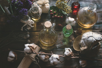 Herbal medicine essential oil and various dry herb on a table. Witchcraft. Witch doctor concept...