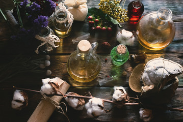 Herbal medicine essential oil and various dry herb on a table. Witchcraft. Witch doctor concept background.