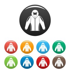 Camp jacket icons set 9 color vector isolated on white for any design