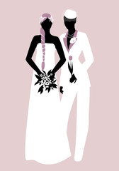 Queer Wedding. Couple of newly married lesbian brides silhouette. Bride with long braid adorned with flowers and elegant bride with male dress. LGBTQ Rights