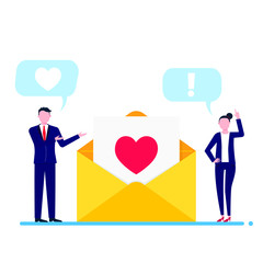 People talking near envelope withlove message flat style design vector illustration. Happy Valentines day love passion Isolated on white background. 