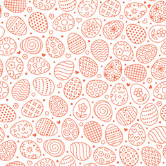 Easter seamless pattern with flat line icons of painted eggs. Egg hunt vector illustrations, christianity traditional celebration wallpaper. Red, white color