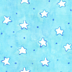 Watercolor seamless pattern white stars on blue background. Postcard, poster, textile pattern, web, branding. Hand drawn.