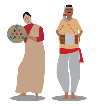 The bihu man plays music, and the bihu woman dances to his melody. A man and a woman perform the Bihu from Assam folk dance. Indian cultural festival holiday concept illustration vector.