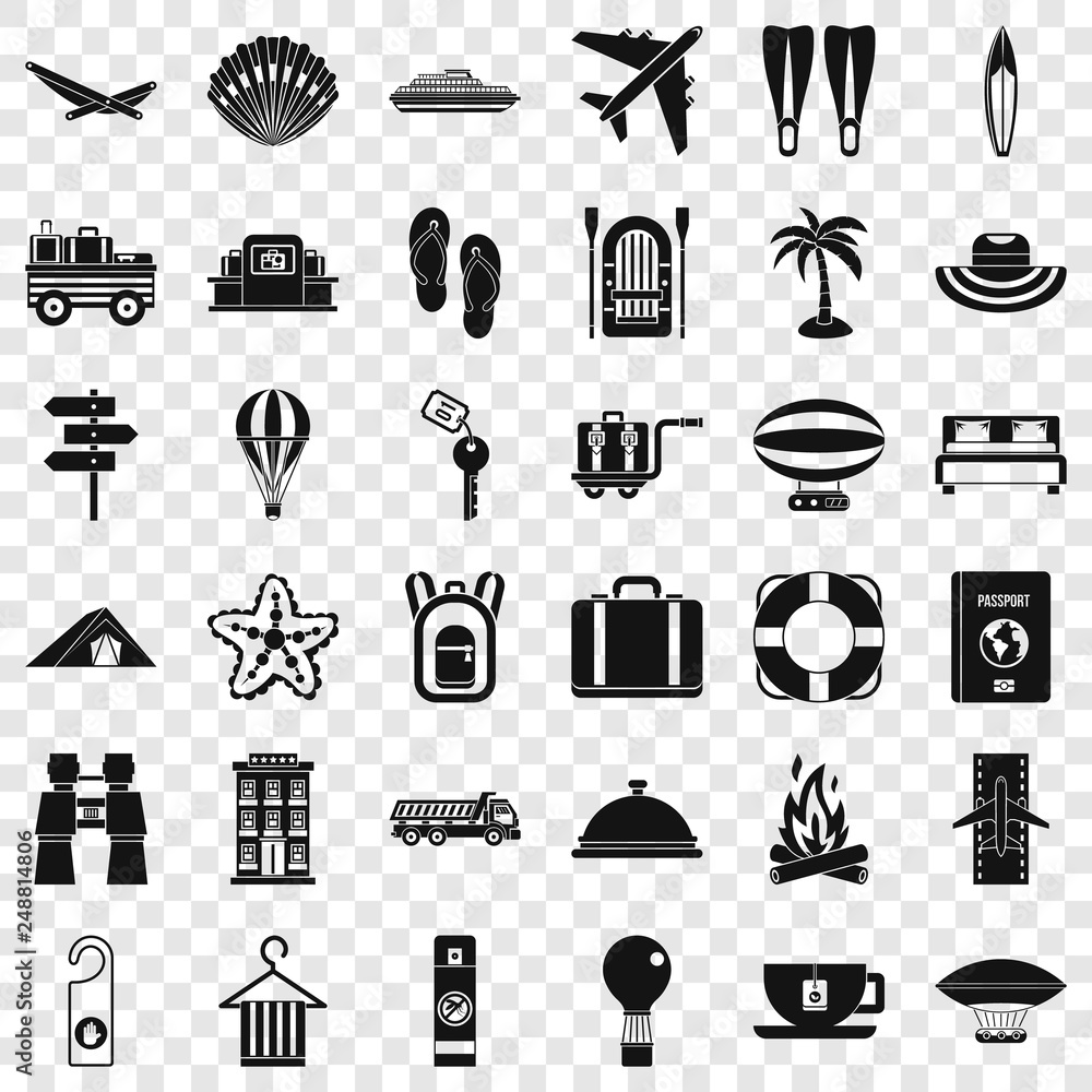 Aufkleber travel time icons set. simple style of 36 travel time vector icons for web for any design