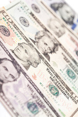 Row of US hundred dollar banknotes closeup