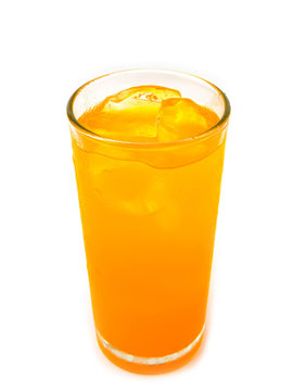 Glass Of Orange Soda With Ice On White Background