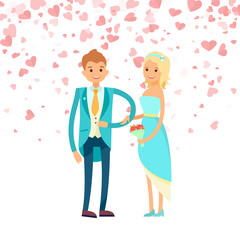 Bride in gentle dress and groom in blue suit vector isolated people. Just married couple, happy newlywed girlfriend with bouquet and boyfriend, marriage