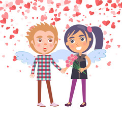 Boy holding girl with flowers vector. Smiling woman in purple clothes and man with plaid shirt, people with wings. Boyfriend and girlfriend Valentine day