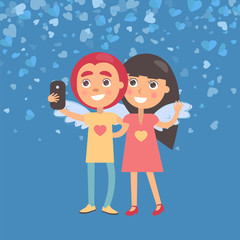 Smiling girlfriend and boyfriend making selfie. Girl and boy with wings, woman waving hand and hugging man. Blue Valentine card decorated by hearts vector
