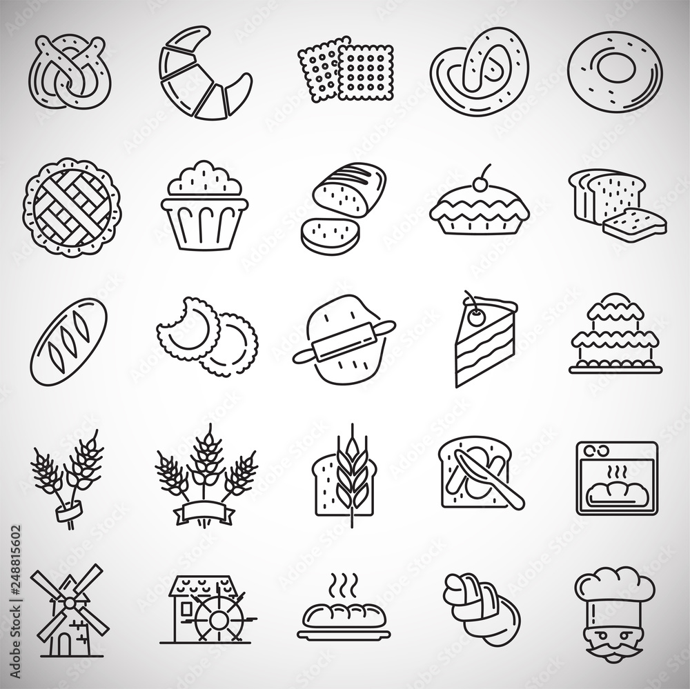 Poster bakery outline icons set on white background for graphic and web design, modern simple vector sign. 