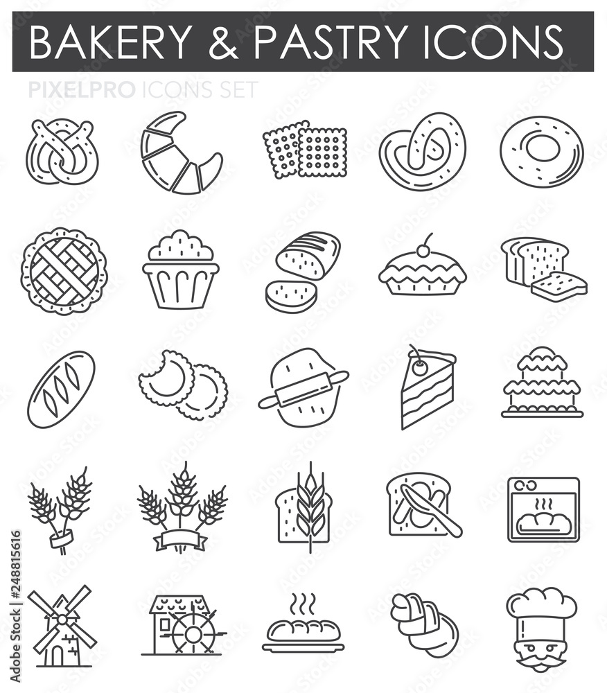 Poster bakery outline icons set on white background for graphic and web design, modern simple vector sign. 