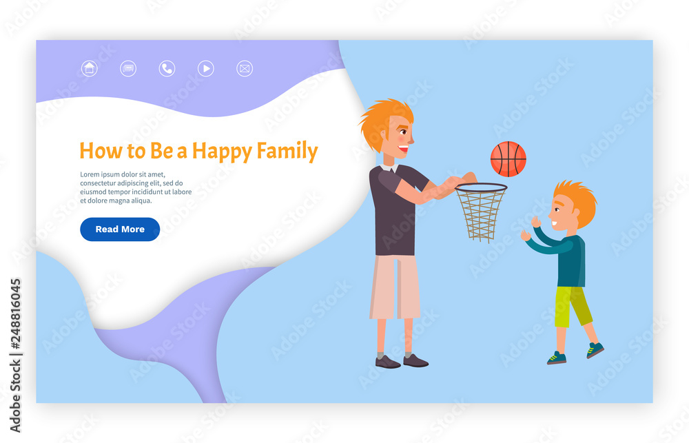 Poster how to be happy family template web page with links vector. boy and little child playing basketball,