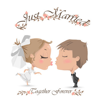Just married! Wedding Invitation, Greetings in vector. Newlyweds: bride and groom. Husband and wife illustration. Save the Date!