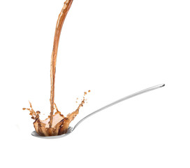 metall spoon with soy sauce splash isolated on white