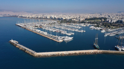 Aerial drone photo of famous marina of Alimos with yachts and sailboats docked, Athens riviera, Attica, Greece