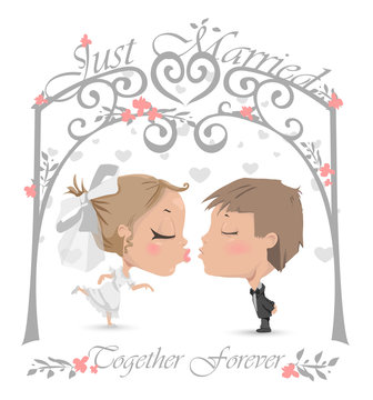 Just married! Wedding Invitation, Greetings. Newlyweds: bride and groom. Husband and wife illustration. Save the Date!