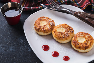 Cottage cheese pancake with sauce. Space for text