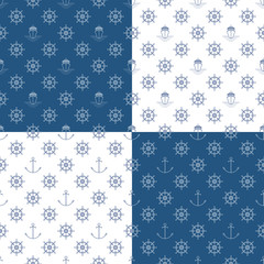 Set of Seamless Travel Patterns with Cruise Ship , Anchor and Ship's Wheel, Maritime Tourism Concept , Line Style Design, Vector Illustration